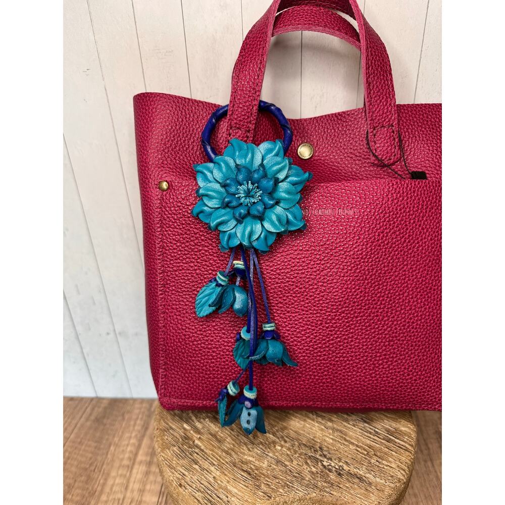 Blue Leather Purse Charm Blue Flower Charm Genuine Leather Dahlia Mum Bag Charm